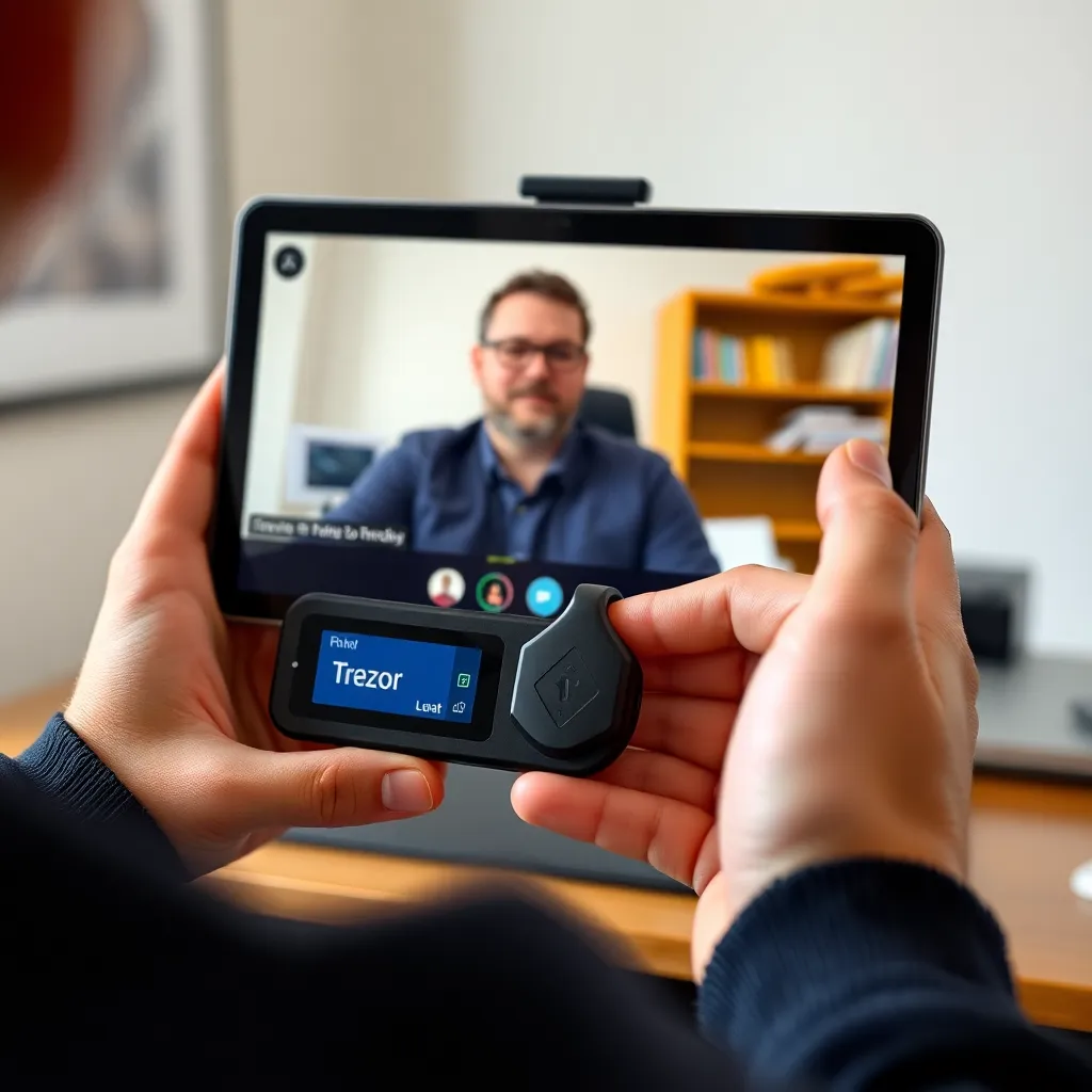 Person holding Trezor device while on a video call with a Trezor expert